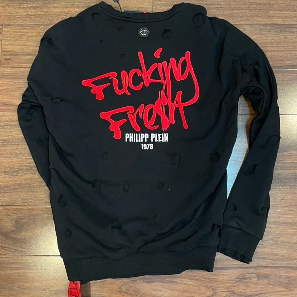 Philipp Plein Edgy Black and Red Crewneck Sweater Sz XXL 50-52